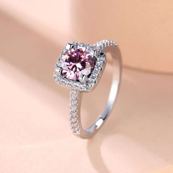 Sterling Silver 925 Pink Sapphire & Moissanite Halo Ring - Picture 3 of 6